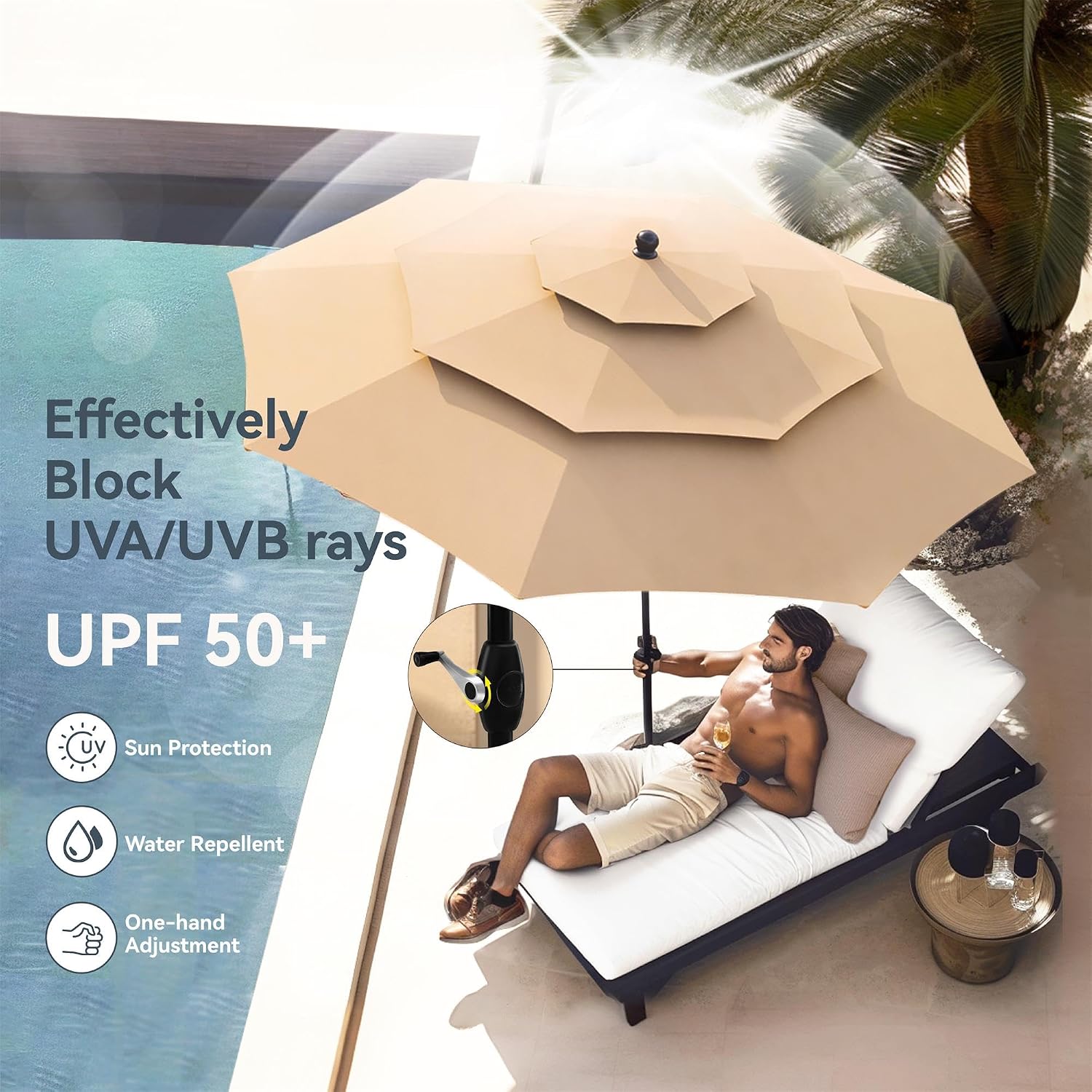 PHI VILLA 6 Piece Outdoor Dining Set with 10FT Umbrella (Beige), Patio Table and Chairs Set with Adjustable Folding Dining Chairs & Metal Square Table for Yard Garden Deck (No Umbrella Base)