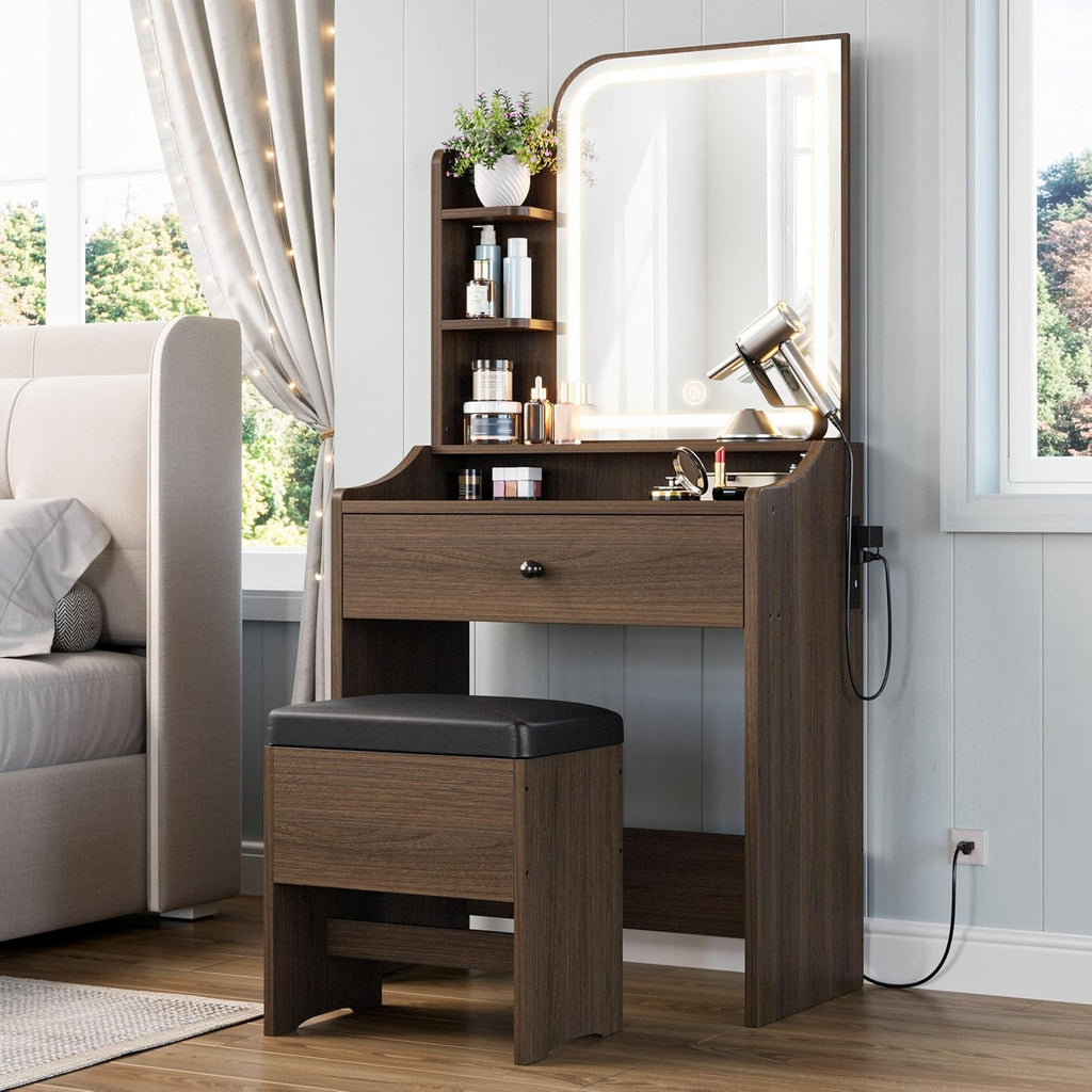 LIKIMIO Small Makeup Vanity Desk with Mirror and Lights, Vanity Table Set with Storage Drawer, Chair and Three Shelves, Bedroom, Walnut