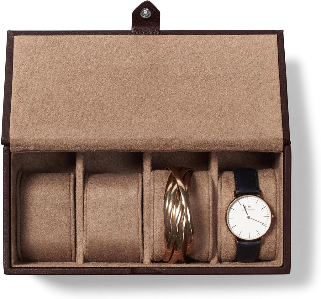 Leatherology Brown Watch & Bracelet Box – Full Grain Leather Jewelry Organizer with 4 Microsuede-Lined Compartments, Removable Cushions & Snap Closure – Storage for Watches and Accessories