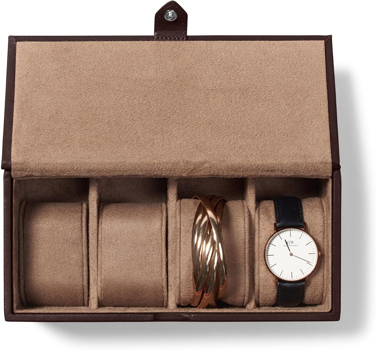 Leatherology Brown Watch & Bracelet Box – Full Grain Leather Jewelry Organizer with 4 Microsuede-Lined Compartments, Removable Cushions & Snap Closure – Storage for Watches and Accessories