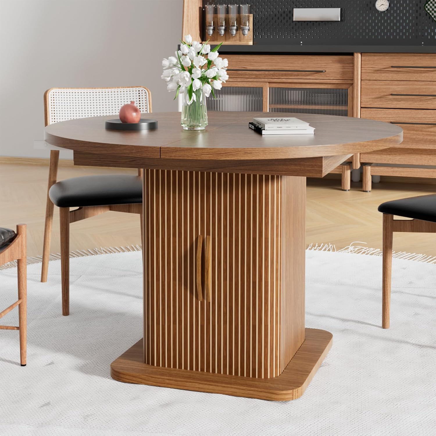 Extendable Round Dining Table for 4-6-8, 59 Inch Dining Room Kitchen Table with Storage, Fluted Wood Slide Door, Modern Oval Circle Dinner Furniture for Living Room, Farmhouse, Brown, Walnut