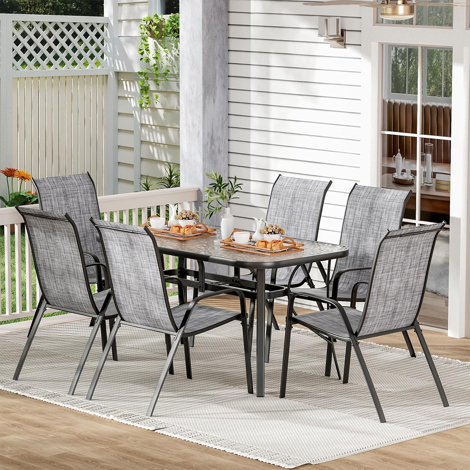 TLSUNNY 7 Pieces Patio Dining Set, Outdoor Table and Chairs W/1.69″ Umbrella Hole, 30'X 55' Table and Stackable Textilene Chair, All Weather Patio Furniture Set (Umbrella not Included) (Grey)