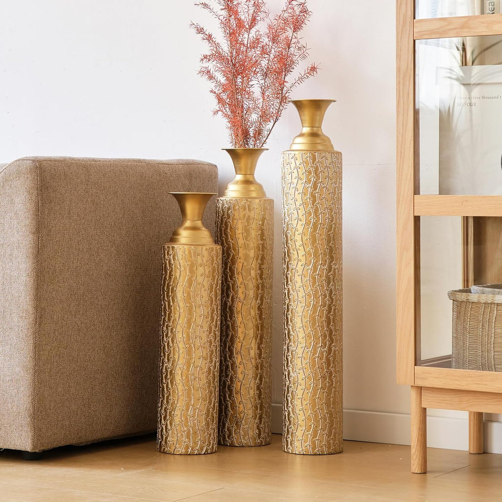 Floor Metal Decorated Vases Set of 3 for Gorgeous Home Decoration Large Glazed Metal Vases (Matte Gold)