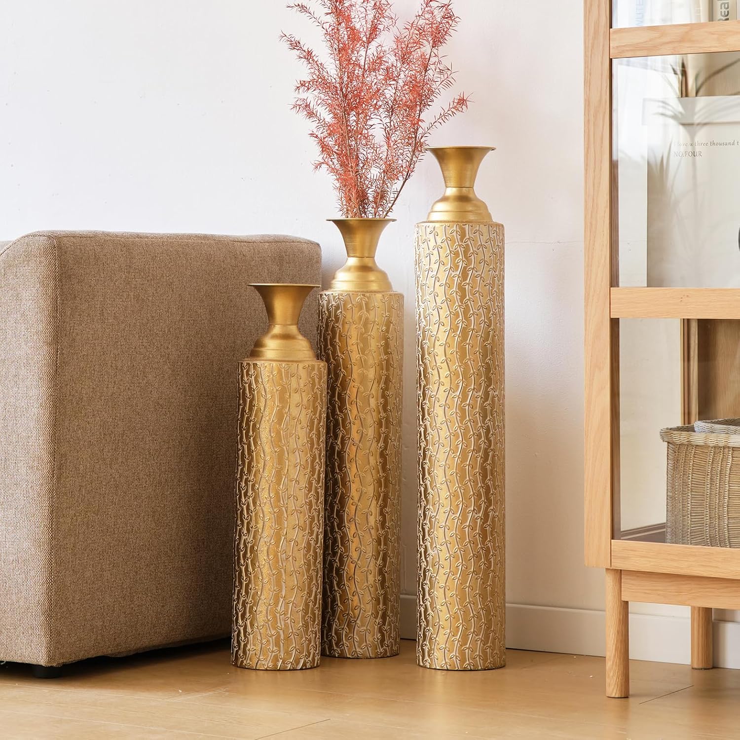 Floor Metal Decorated Vases Set of 3 for Gorgeous Home Decoration Large Glazed Metal Vases (Matte Gold)