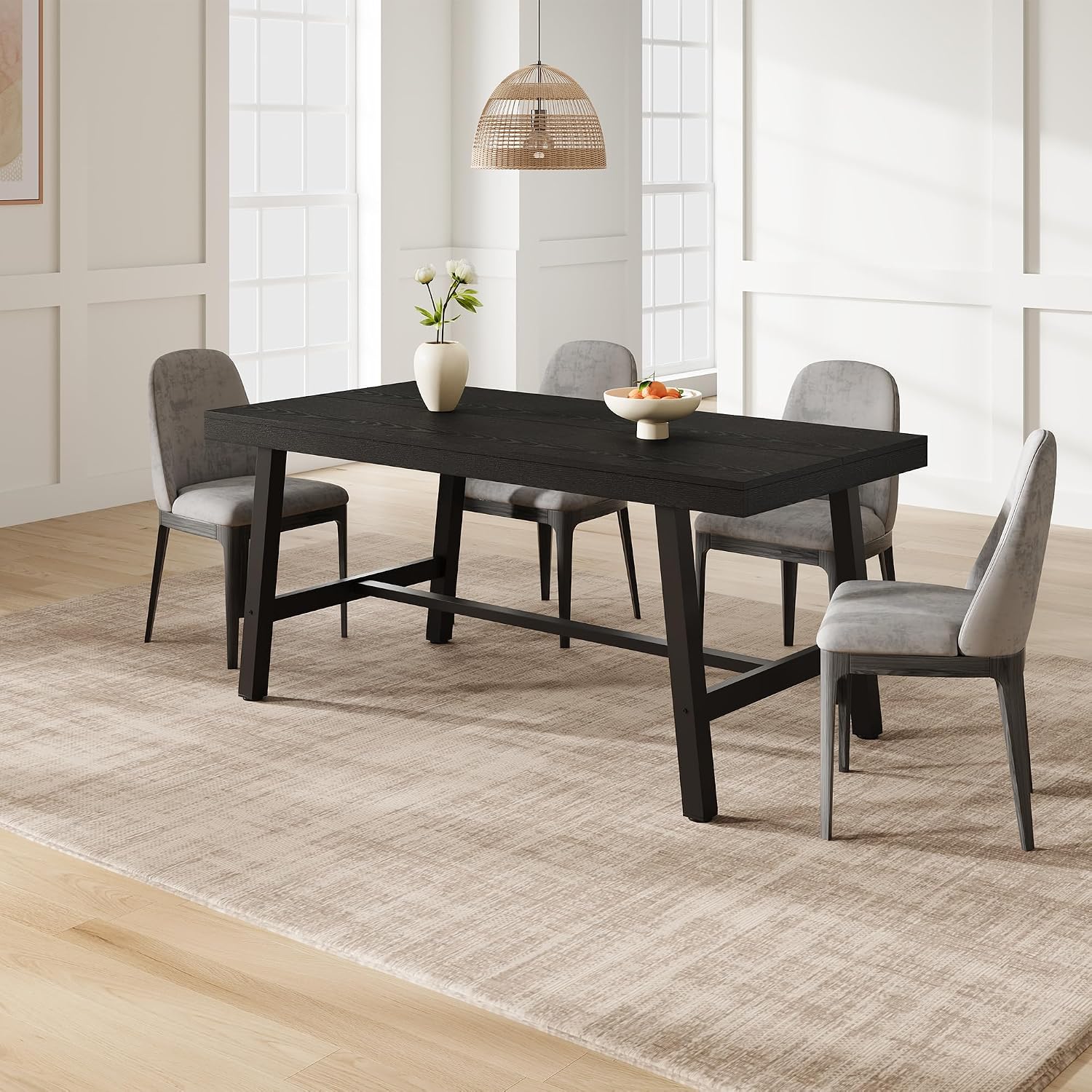 GarveeHome Industrial Dining Table for 4-6 People, 63' Long Large Kitchen Table with Sturdy Metal Frame, Rectangular Counter for Dinner, Kitchen, Dining Room (Black, 63' Non-extendable)