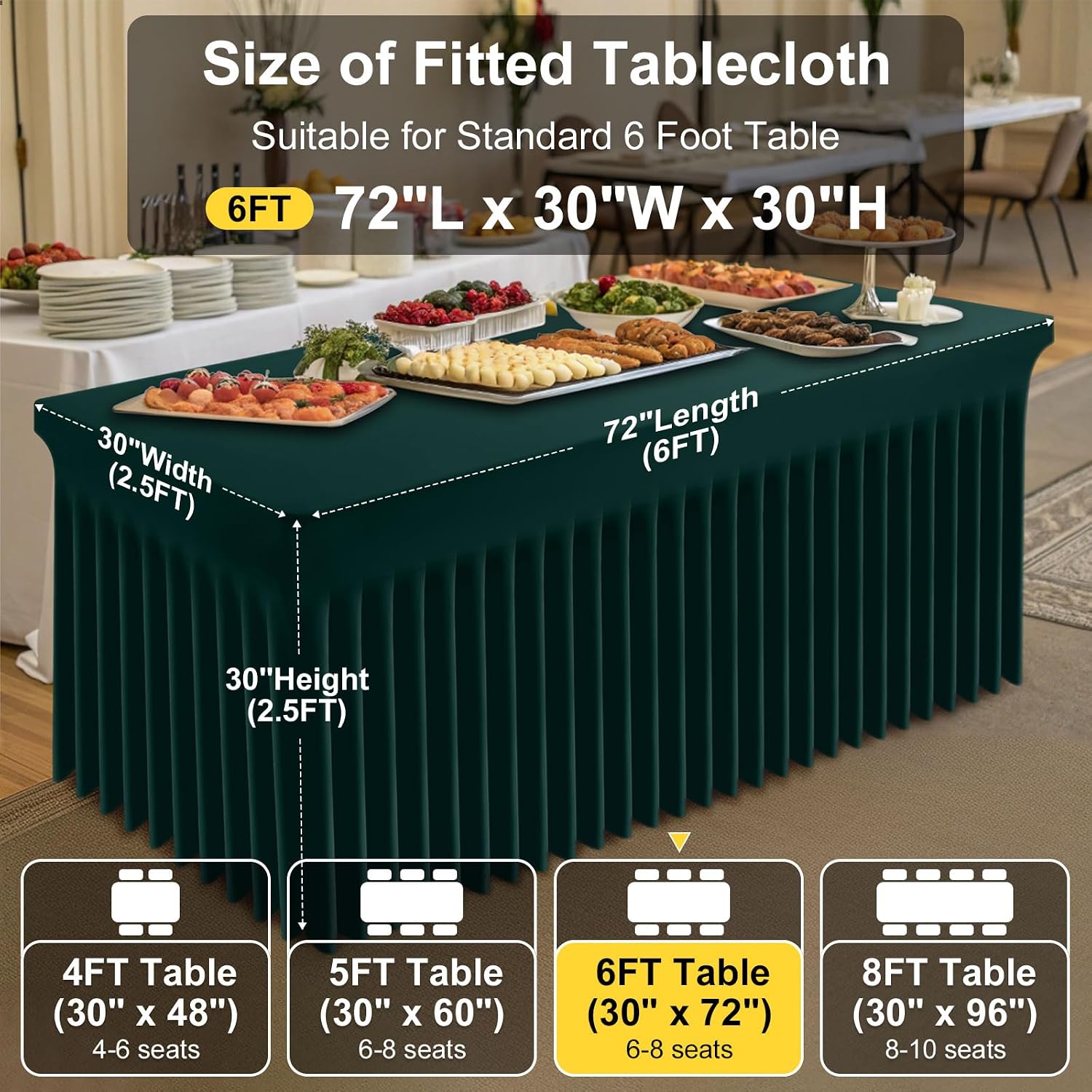 Smiry Spandex Tablecloth 6 Pack, Elastic Fitted Stretch Tablecloth for 6FT Rectangle Tables, Waterproof Washable Table Cover Skirt for Wedding, Banquet & Parties (Hunter Green, 72Lx30Wx30H Inch)