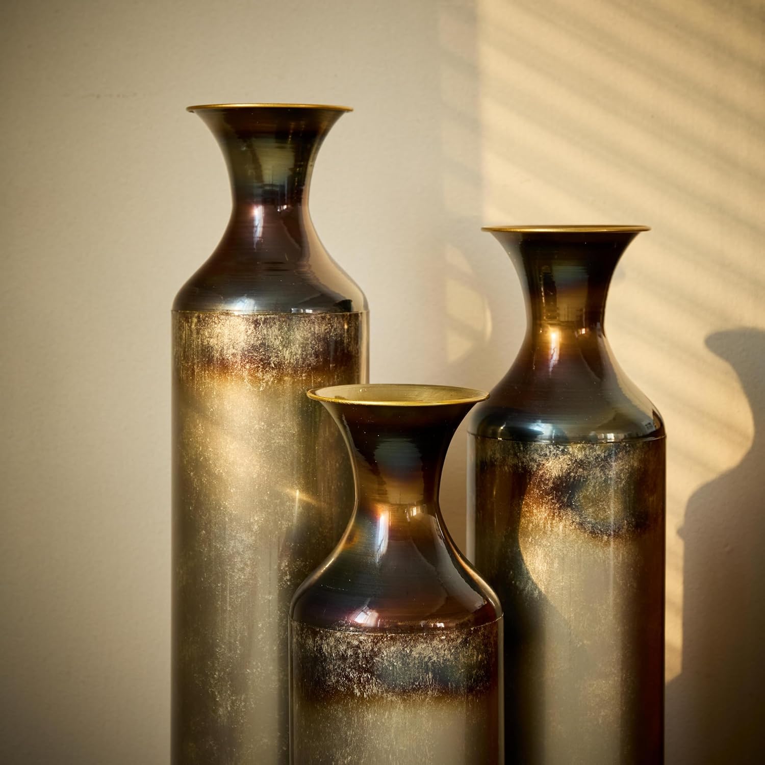 Tall Floor Vases Set of 3 - Modern White & Gold Metal Vases for Home Decor, Large Decorative Vase for Living Room, Entryway, Wedding & Centerpiece Display