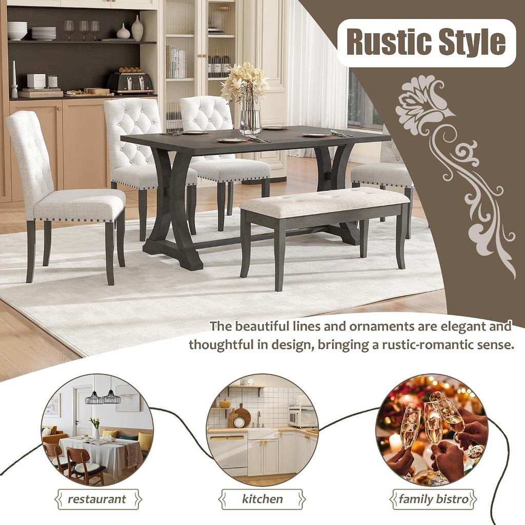 Harper & Bright Designs Classic and Traditional Style 6 - Piece Dining Set, Includes Dining Table, 4 Upholstered Chairs & Bench(Antique Gray1)