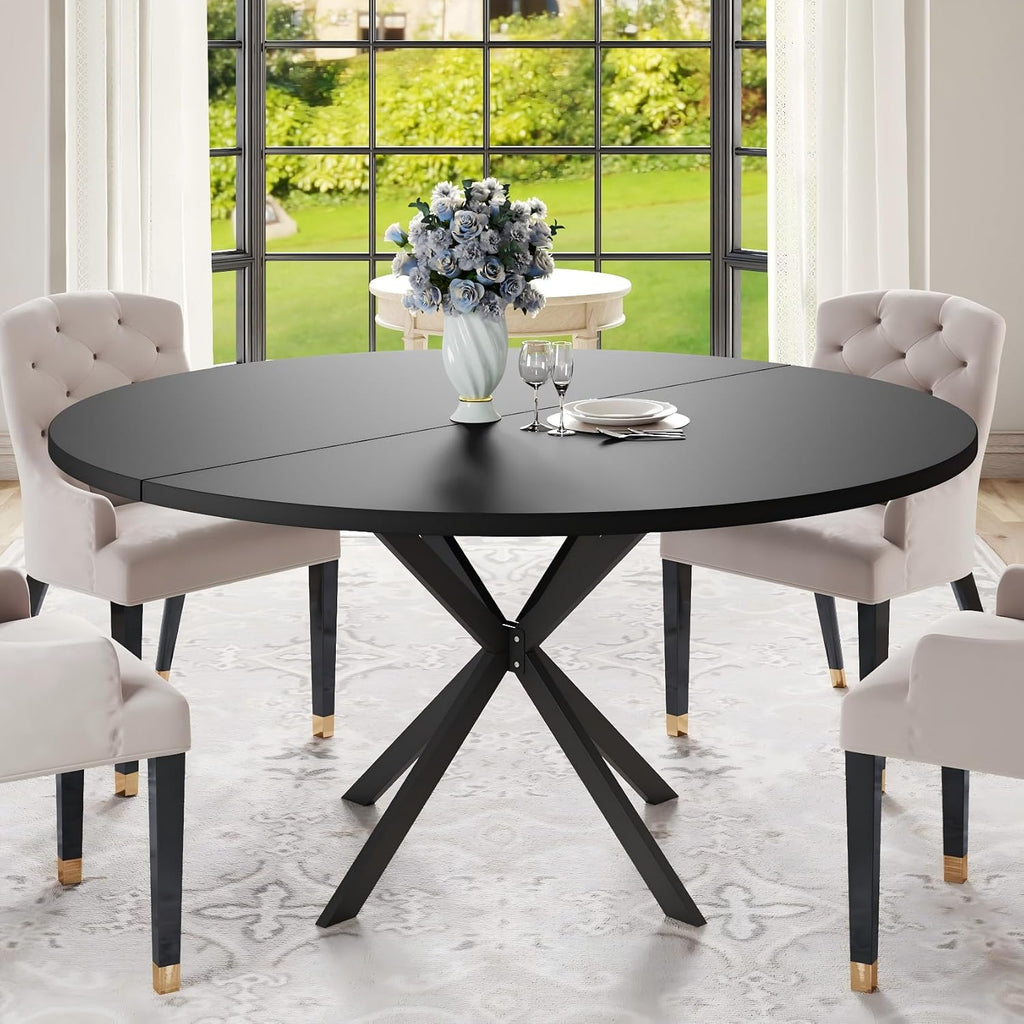 47.24' Round Dining Table for 4-6 Person, Round Kitchen Table with Wood Top, Circle Dinner Pedestal Tables with Metal Legs for Dining Room Kitchen (Black)