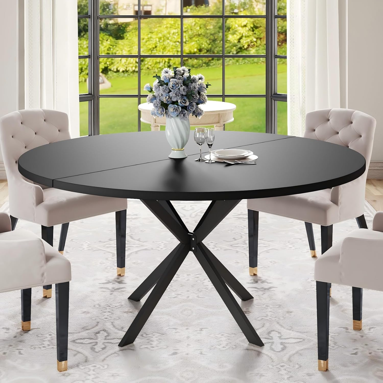 47.24' Round Dining Table for 4-6 Person, Round Kitchen Table with Wood Top, Circle Dinner Pedestal Tables with Metal Legs for Dining Room Kitchen (Black)