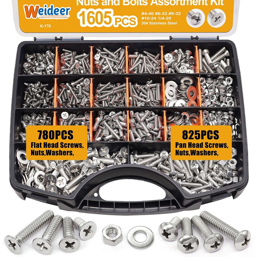weideer 2002PCS Nuts and Bolts Assortment Kit,Stainless Steel Hardware Assortment Kit, Metric & SAE Phillips Pan Head and Flat Head Wood Screws with Nuts Washers Double Sided Organizer Box
