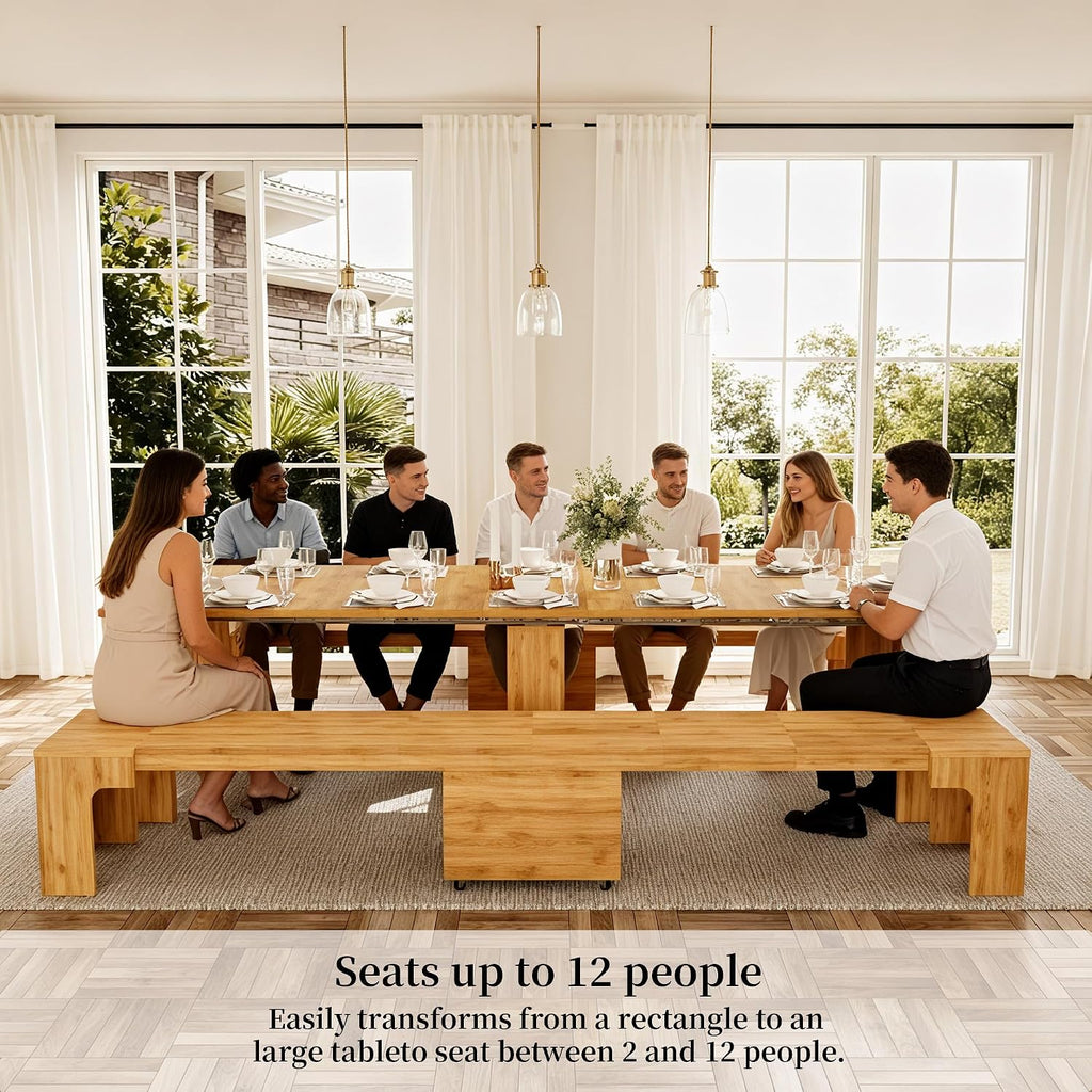 HIPIHOM 17.7'-118' Extendable Dining Table with 2 Benches, Extension Table Set with Extension Leaves Holder, Space-Saving Extra Long Dining Table Set for Meeting, Dining Room(Oak Table+2 Benches)