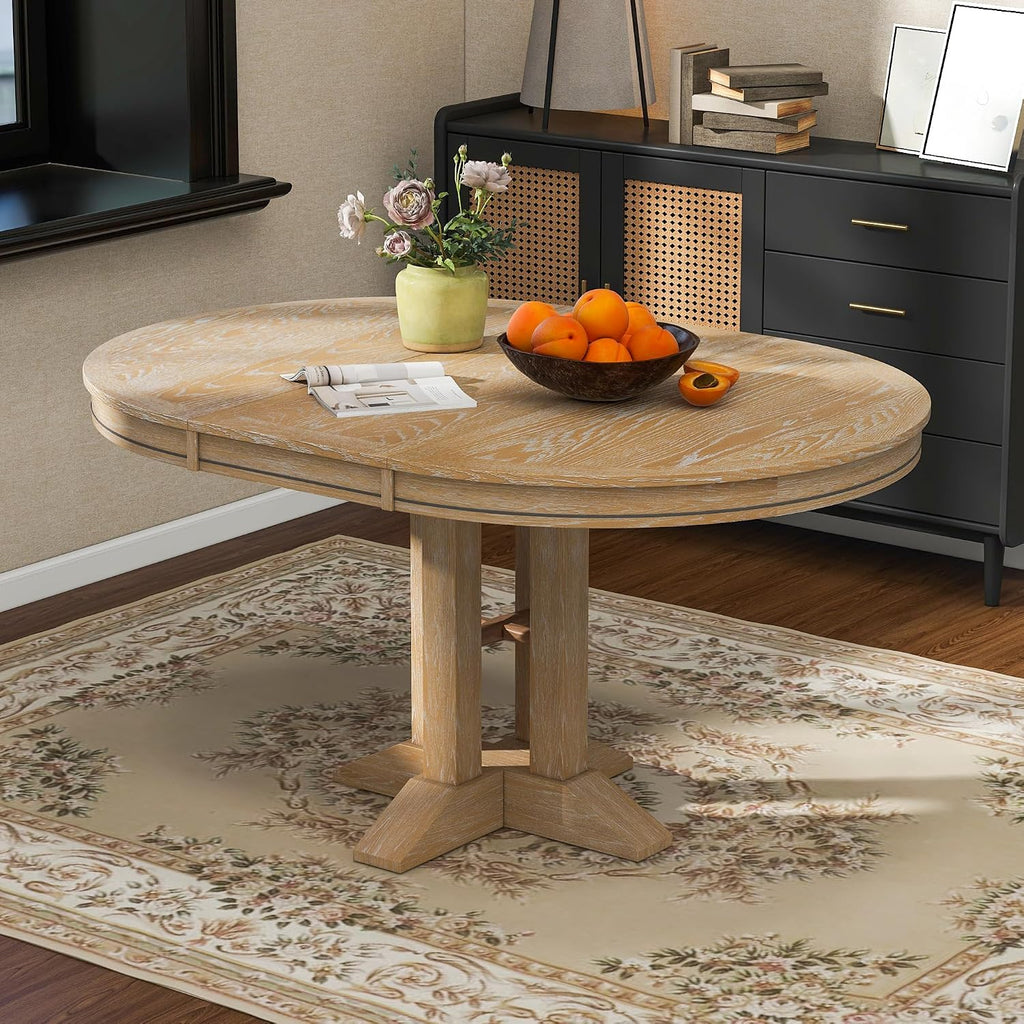 LUMISOL LUMISO Extendable Round Dining Table for 4-8, Solid Wood Expandable Oval Kitchen Table with Removable Leaf, 42'-58'' Dinner Table for Kitchen, Dining Table, Small Space, Natural