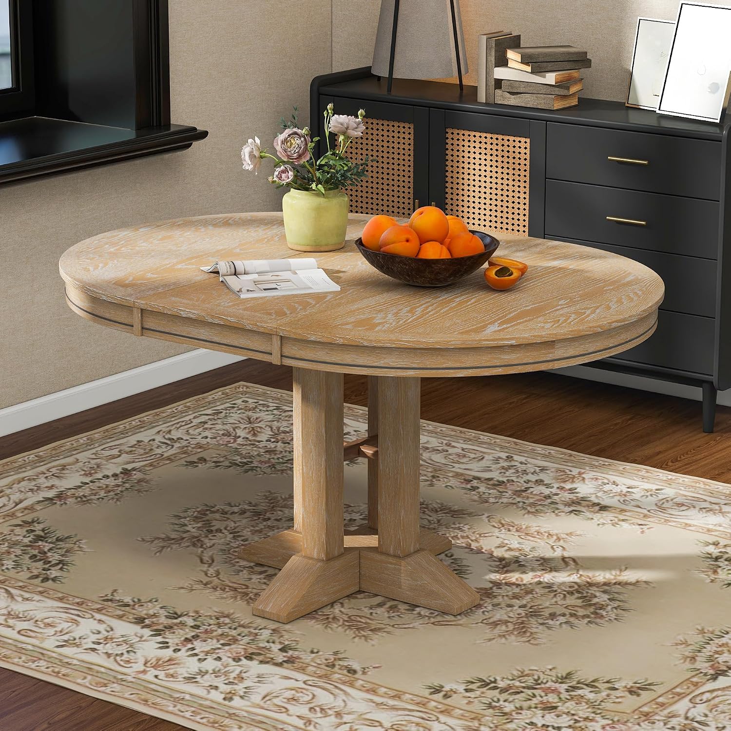 LUMISOL LUMISO Extendable Round Dining Table for 4-8, Solid Wood Expandable Oval Kitchen Table with Removable Leaf, 42'-58'' Dinner Table for Kitchen, Dining Table, Small Space, Natural