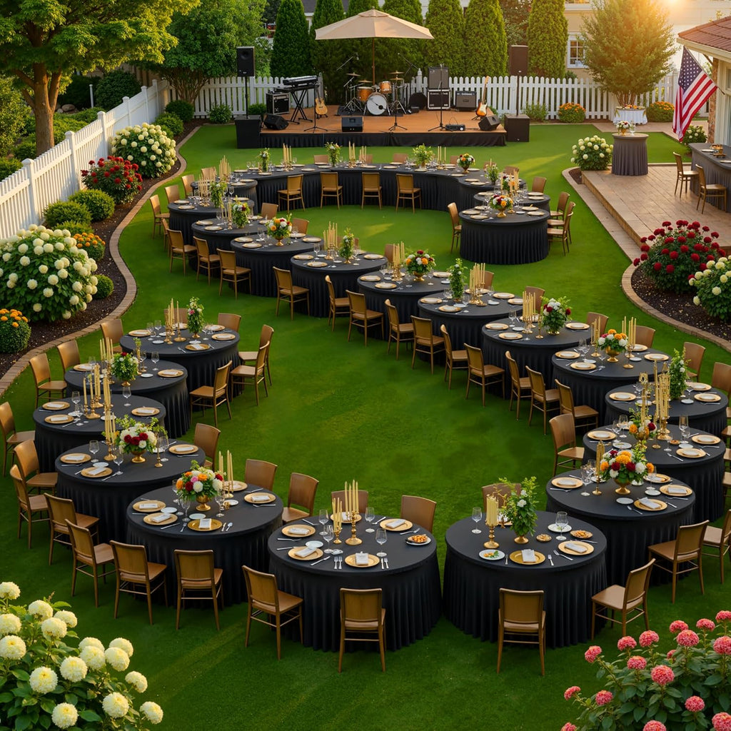 8 Pack Spandex Black Round Tablecloths for 72inch Table, Wrinkle Free 132inch Stretchy Fitted 6ft Round Table Cloth Covers with Skirt for Wedding Birthday Graduation Parties Banquet Events
