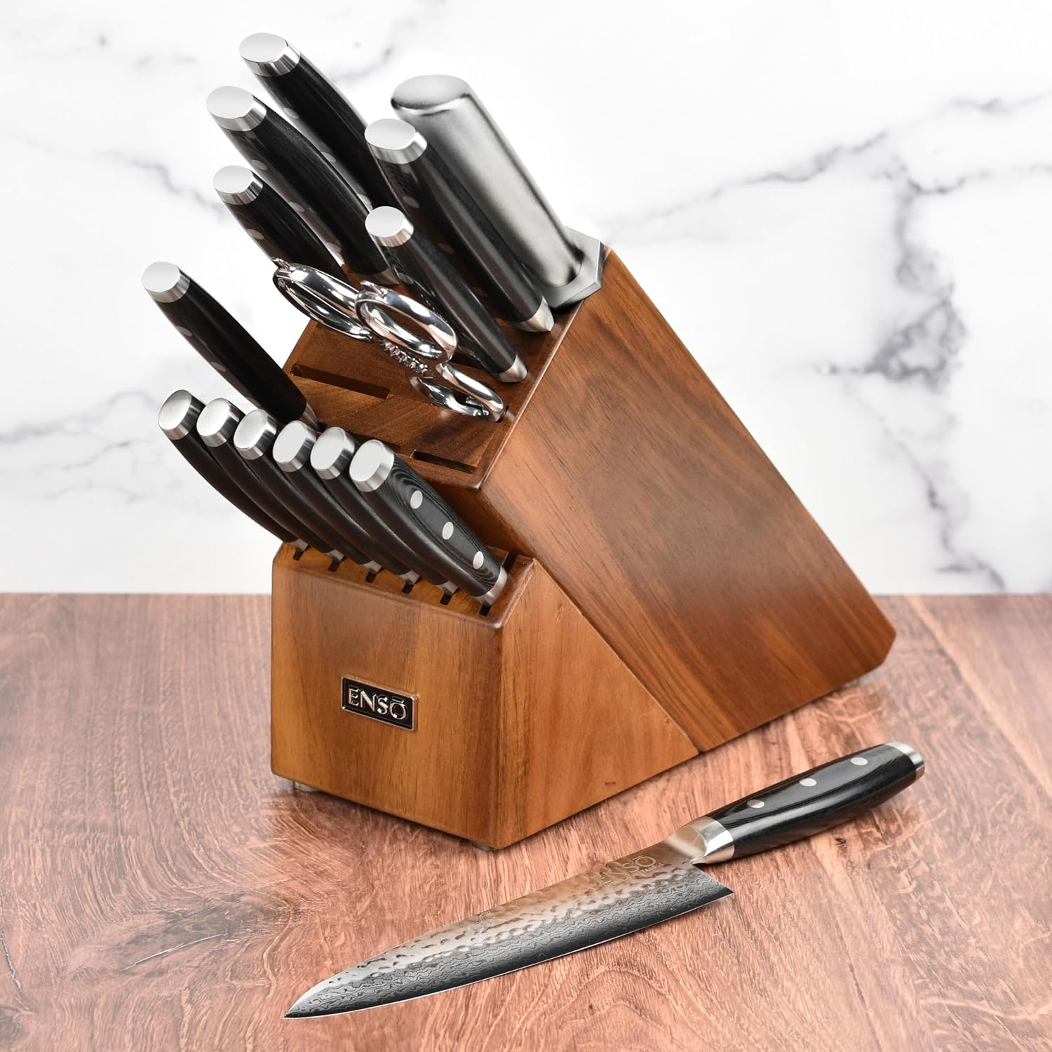 Enso HD 16 Piece Knife Set - Made in Japan - VG10 Hammered Damascus Stainless Steel with Acacia Block