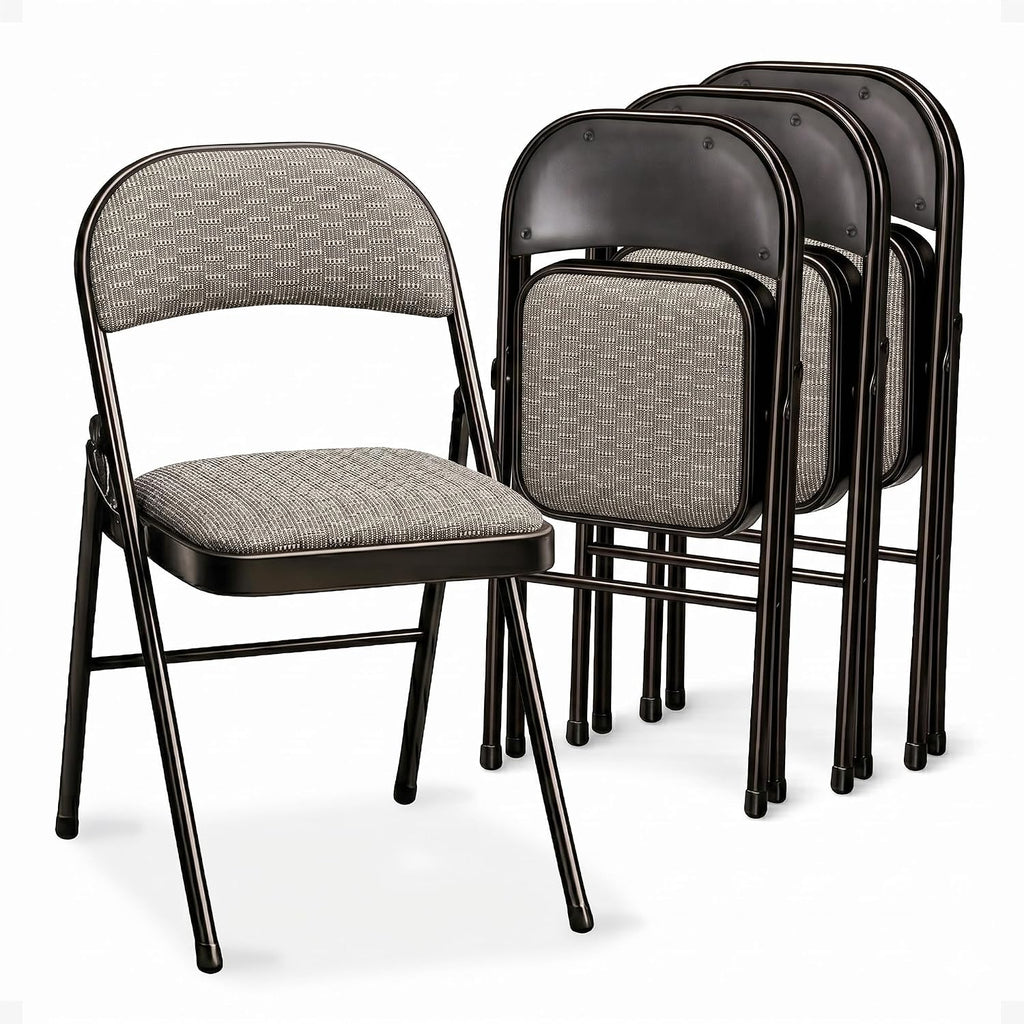 MECO 4-Pack Portable Padded Foldable Chairs, Lightweight and Cushioned Metal Fabric Folding Chair, Sudden Comfort, Black - Compact and Collapsible Furniture for Indoor and Outdoor Use