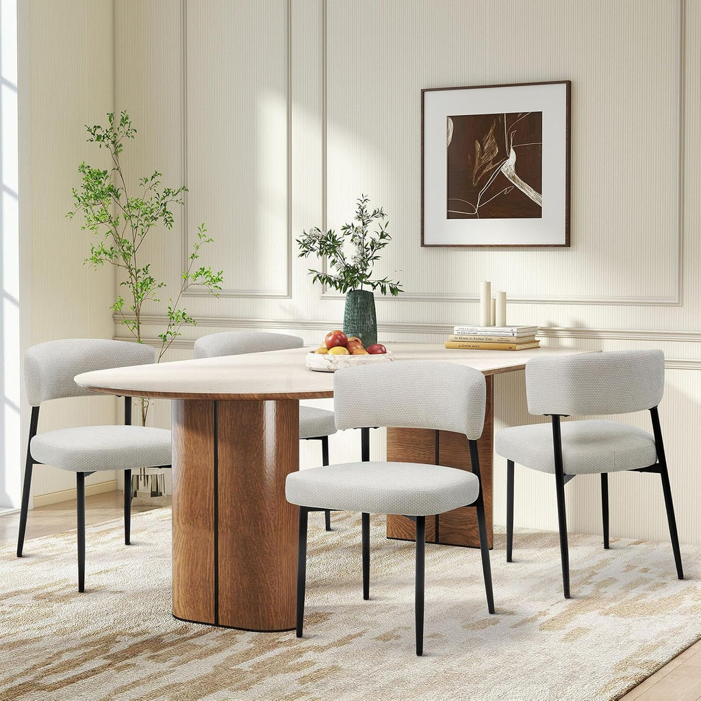 DUMOS Dining Chairs Set of 4, Mid Century Modern Chair Round Upholstered Curved Backrest, Kitchen Vanity Living Room Chairs with Black Metal Legs, Beige