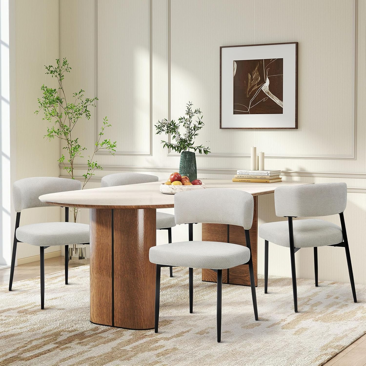 DUMOS Dining Chairs Set of 4, Mid Century Modern Chair Round Upholstered Curved Backrest, Kitchen Vanity Living Room Chairs with Black Metal Legs, Beige