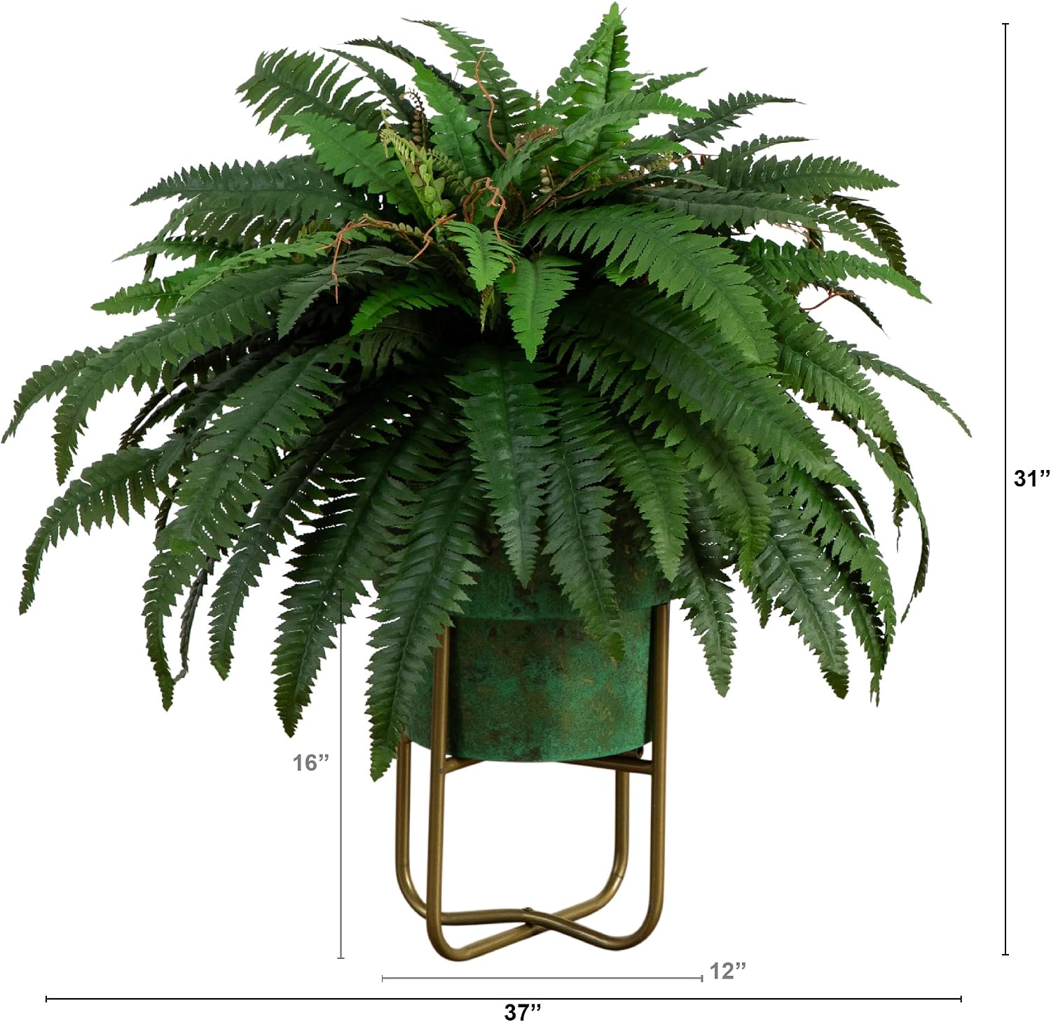 Nearly Natural 31-in Artificial Boston Fern Plant on Display Stand in Removal Patina Metal Planter, Fake Ferns for Living Room, Bedroom, Office Home Décor