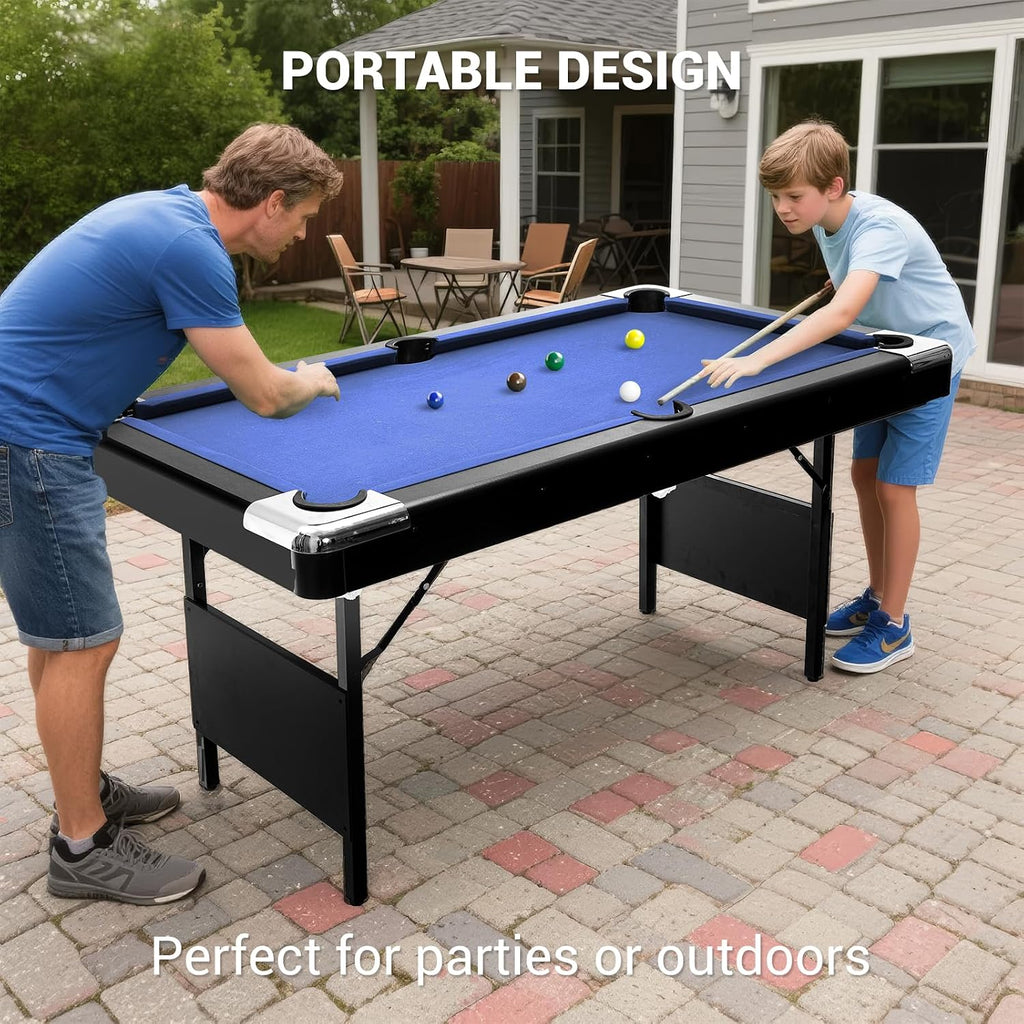 6,7 Foot Foldable Pool Table, Portable Billiards Table with Full Accessories Set, No Assembly, Metal k-Shaped Legs, Includes 16 Balls, 2 Cue Sticks, Chalk, Rack & Brush, Game Room Table for Home, Apar