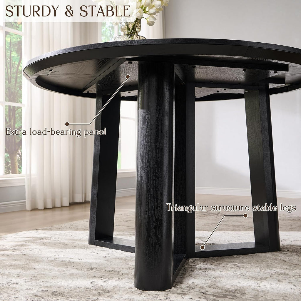 OKD 47' Dining Table for 4-6, Round Dining Room Table with Triangular Structure Pedestal Stable Base, Curved Table Edge, Circle Kitchen Tables for Dining Room, Kitchen, Black Oak