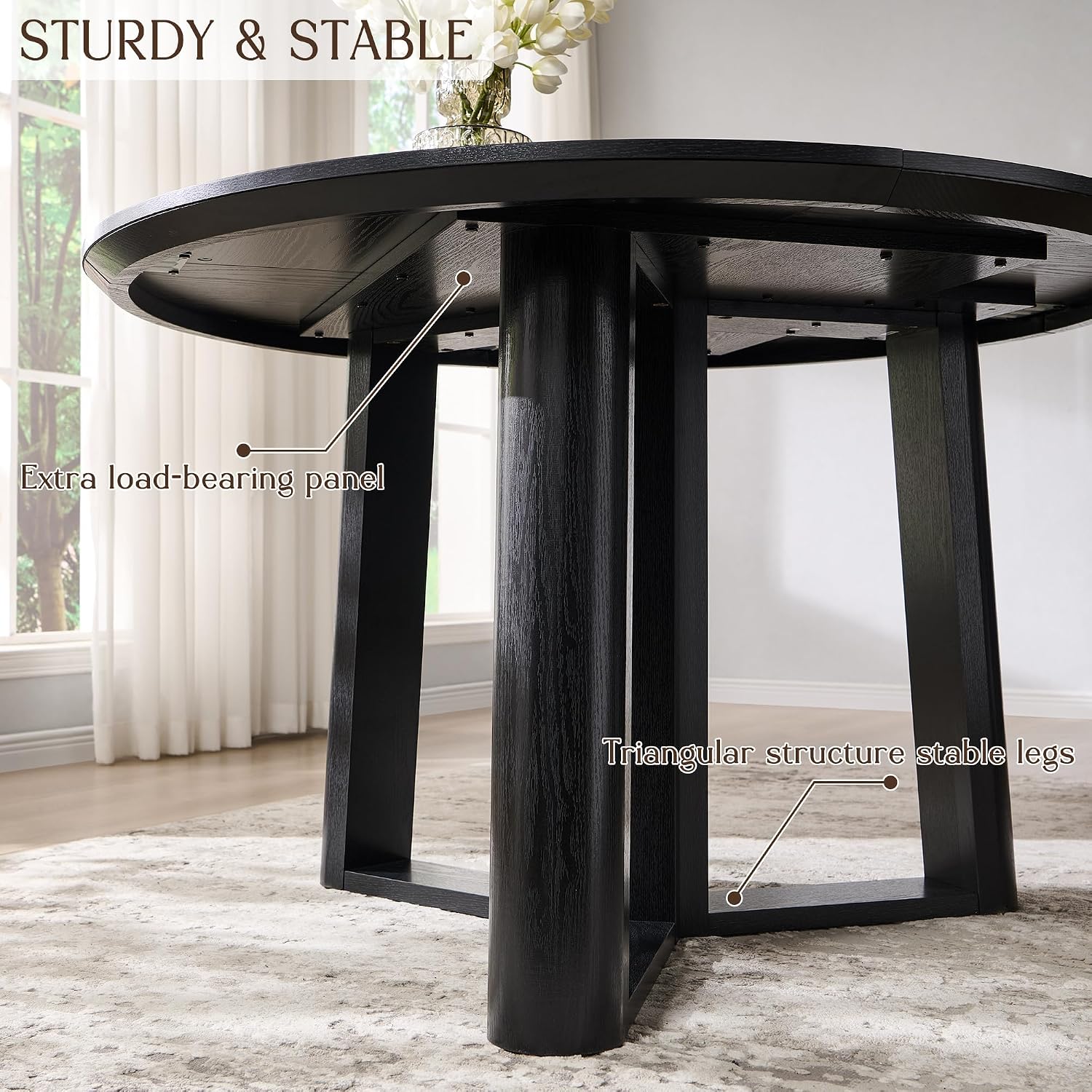 OKD 47' Dining Table for 4-6, Round Dining Room Table with Triangular Structure Pedestal Stable Base, Curved Table Edge, Circle Kitchen Tables for Dining Room, Kitchen, Black Oak