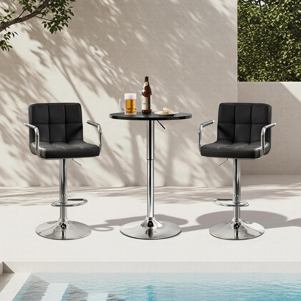Yaheetech 3-Piece Round Bar Table and PU Leather Adjustable Swivel Chairs, Modern Counter Height Table Set with 2 Bar Stool for Kitchen, Black
