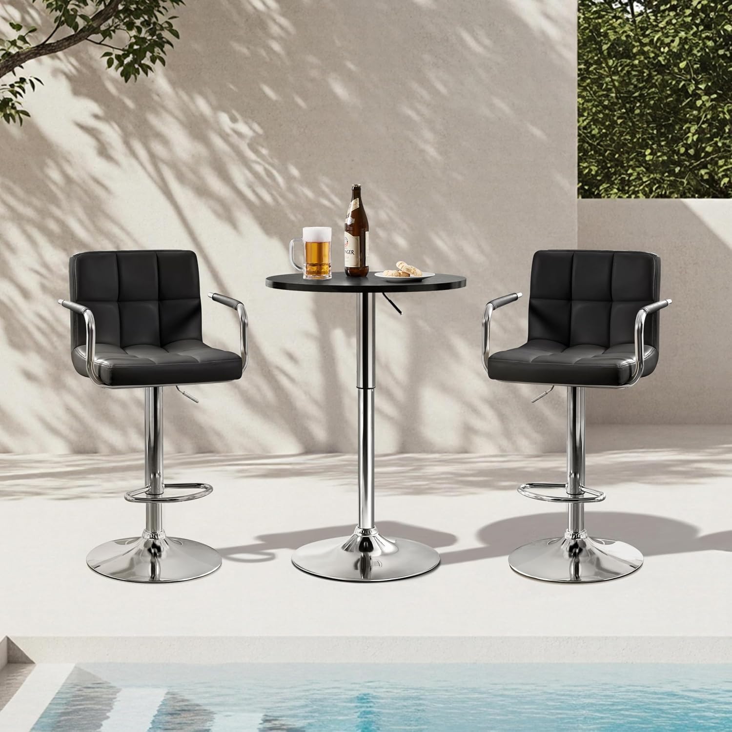 Yaheetech 3-Piece Round Bar Table and PU Leather Adjustable Swivel Chairs, Modern Counter Height Table Set with 2 Bar Stool for Kitchen, Black