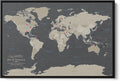 Earth Tone World Map with Pins – Personalized Canvas Push Pin Map – Framed World Travel Wall Decor – Black Float Frame – 24' x 36'
