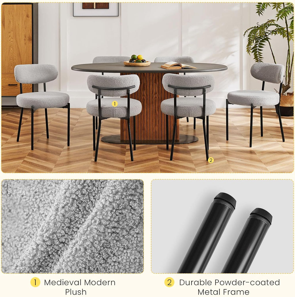 DUMOS Dining Chairs Set of 6, Mid Century Modern Chair Round Upholstered Curved Backrest, Kitchen Vanity Living Room Chairs with Black Metal Legs，Light Grey