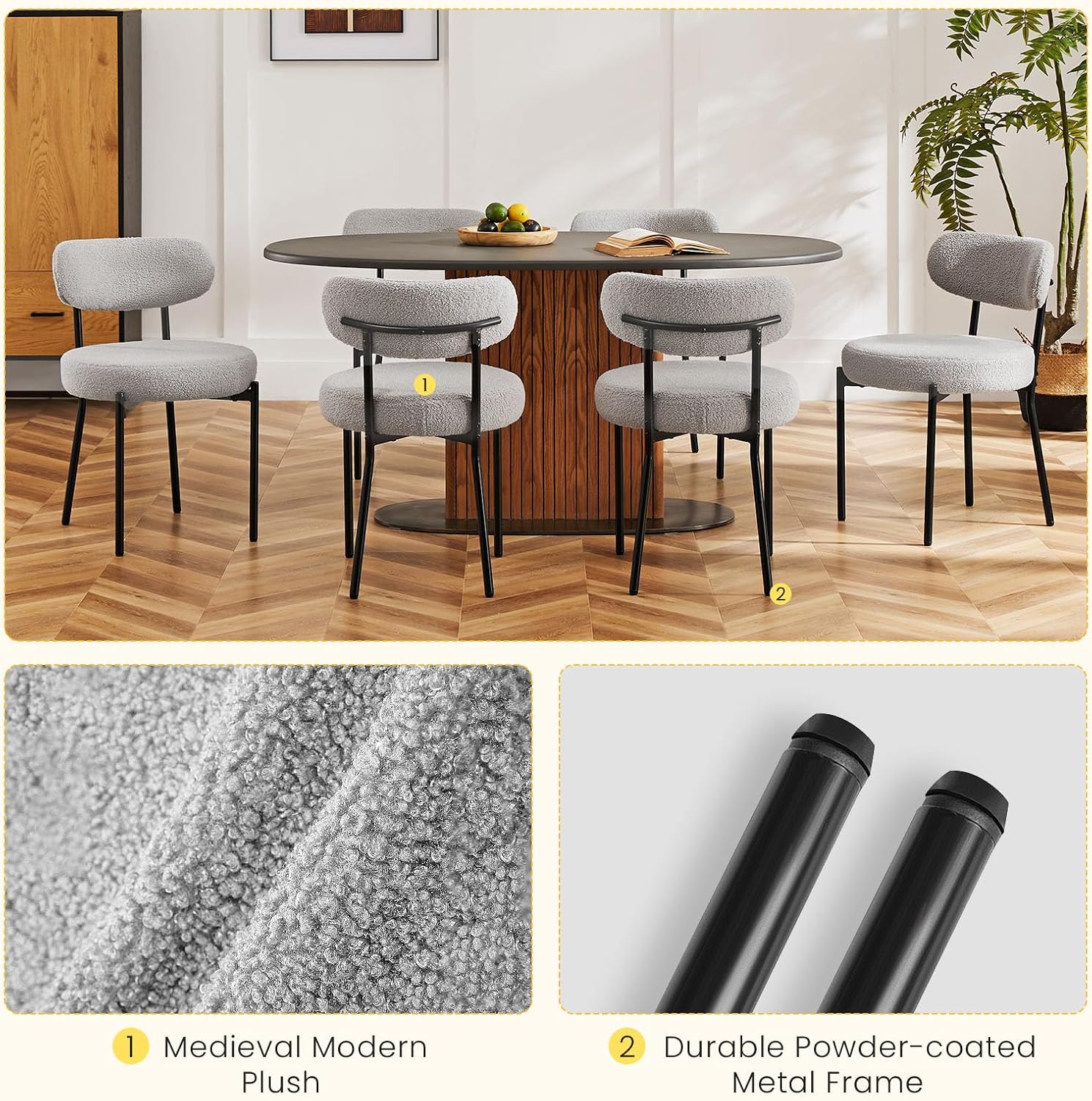 DUMOS Dining Chairs Set of 6, Mid Century Modern Chair Round Upholstered Curved Backrest, Kitchen Vanity Living Room Chairs with Black Metal Legs，Light Grey