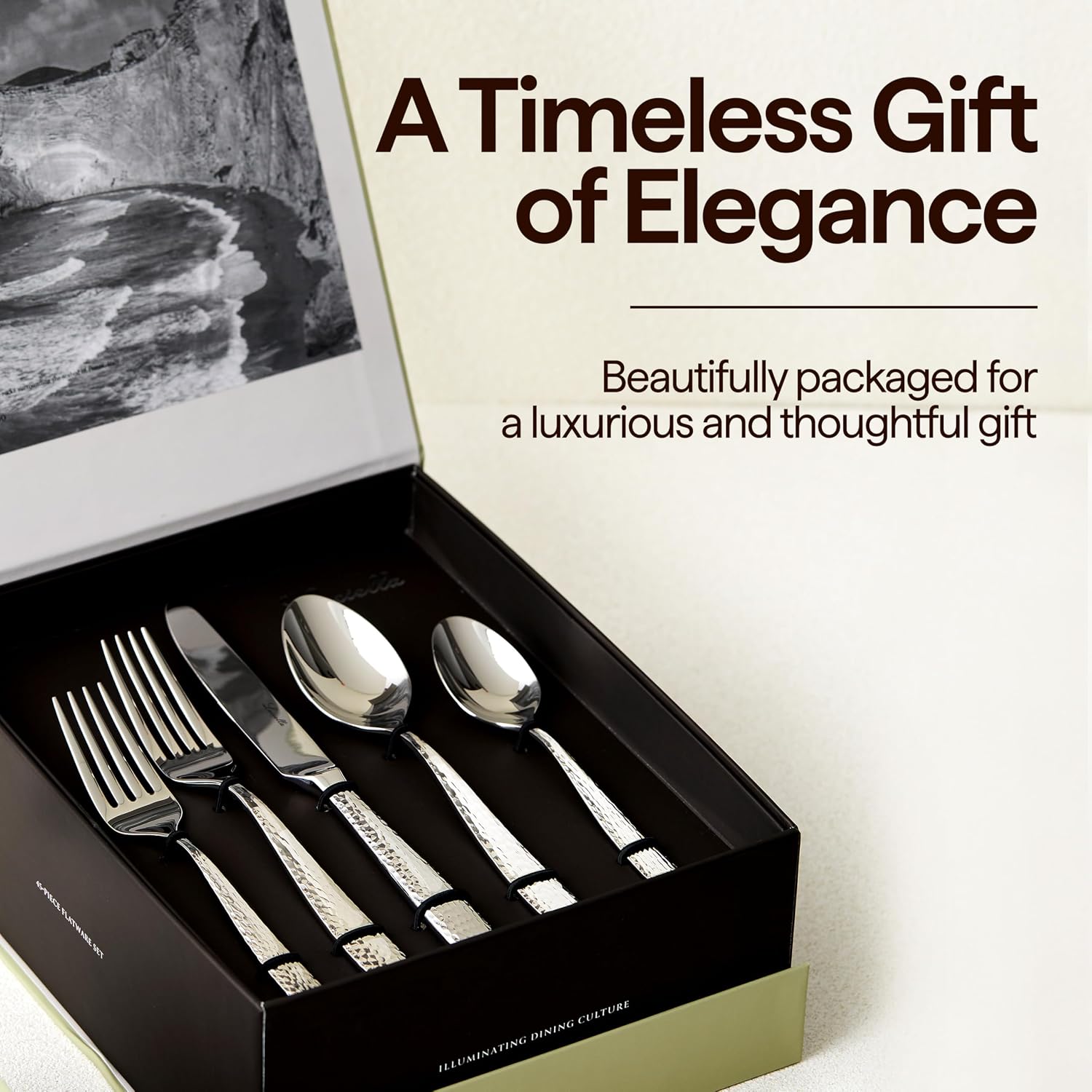 Luciella Ponza Flatware Set for 12, 65-Piece Stainless Steel Silverware Set with Serving Utensils, Timeless Hammered Design, Rust-Resistant, Mirror Polished & Dishwasher Safe, House Warming Gifts