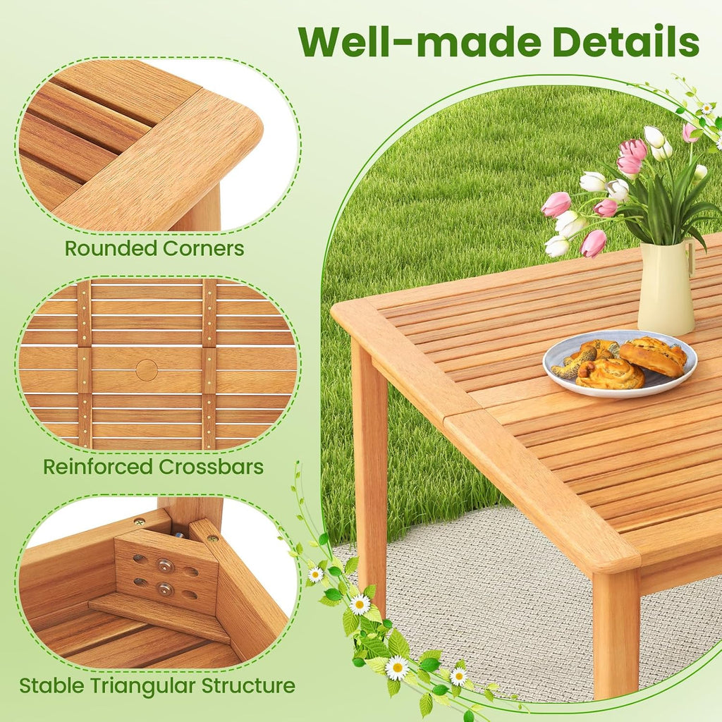 Tangkula 5 Piece Wood Outdoor Dining Set for 4, Rectangular Patio Acacia Wood Table Set with 4 Cushioned Chairs, Umbrella Hole, Heavy Duty Metal Frame for Deck Porch Backyard