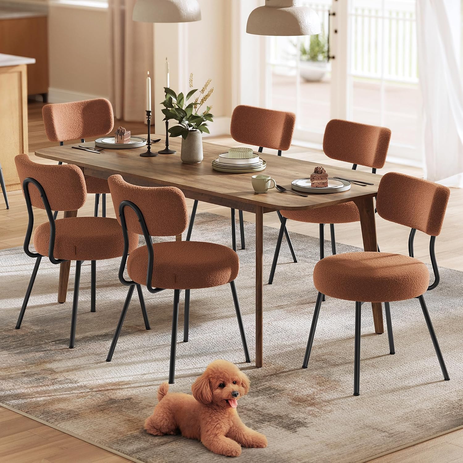 VASAGLE Boucle Dining Chairs Set of 6, Upholstered Kitchen Dining Room Chairs with Curved Backrest and Steel Frame, Modern Mid Century, Round, for Vanity, Living Room, Coffee Brown UKDC110K01-3J
