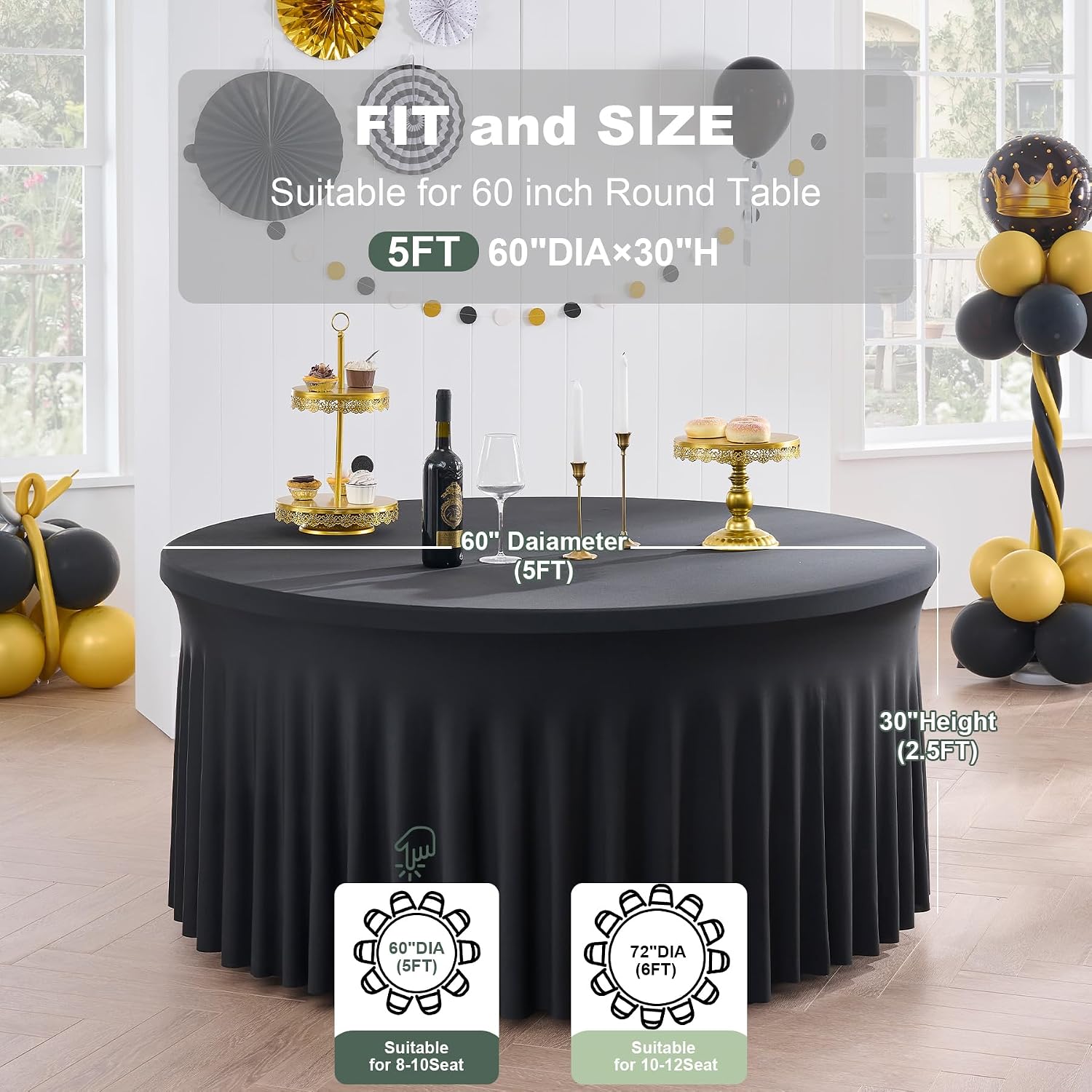 Outpain 12 Pack Spandex Black Round Tablecloths for 60 Inch/5FT Tables - Stretchy Table Cloth with Skirt, Wrinkle-Free Fitted Cloth for Wedding Vendor, Banquet & Graduation Decor (120' Round)