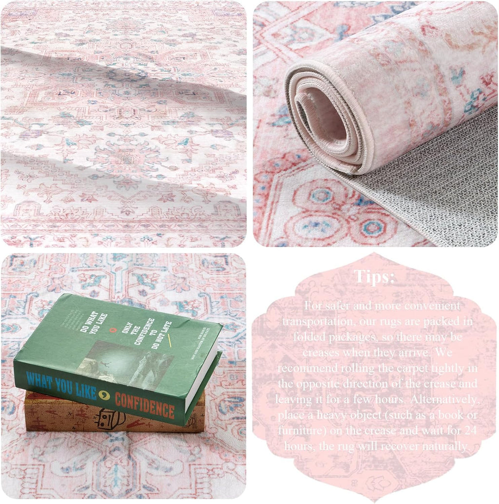 LIVEBOX Pink Washable Area Rug 8x10 - Large Vintage Tribal Living Room Rug Oriental for Bedroom, Non-Slip Retro Medallion Carpet Print Distressed for Dining Room Nursery Dorm Home Decor
