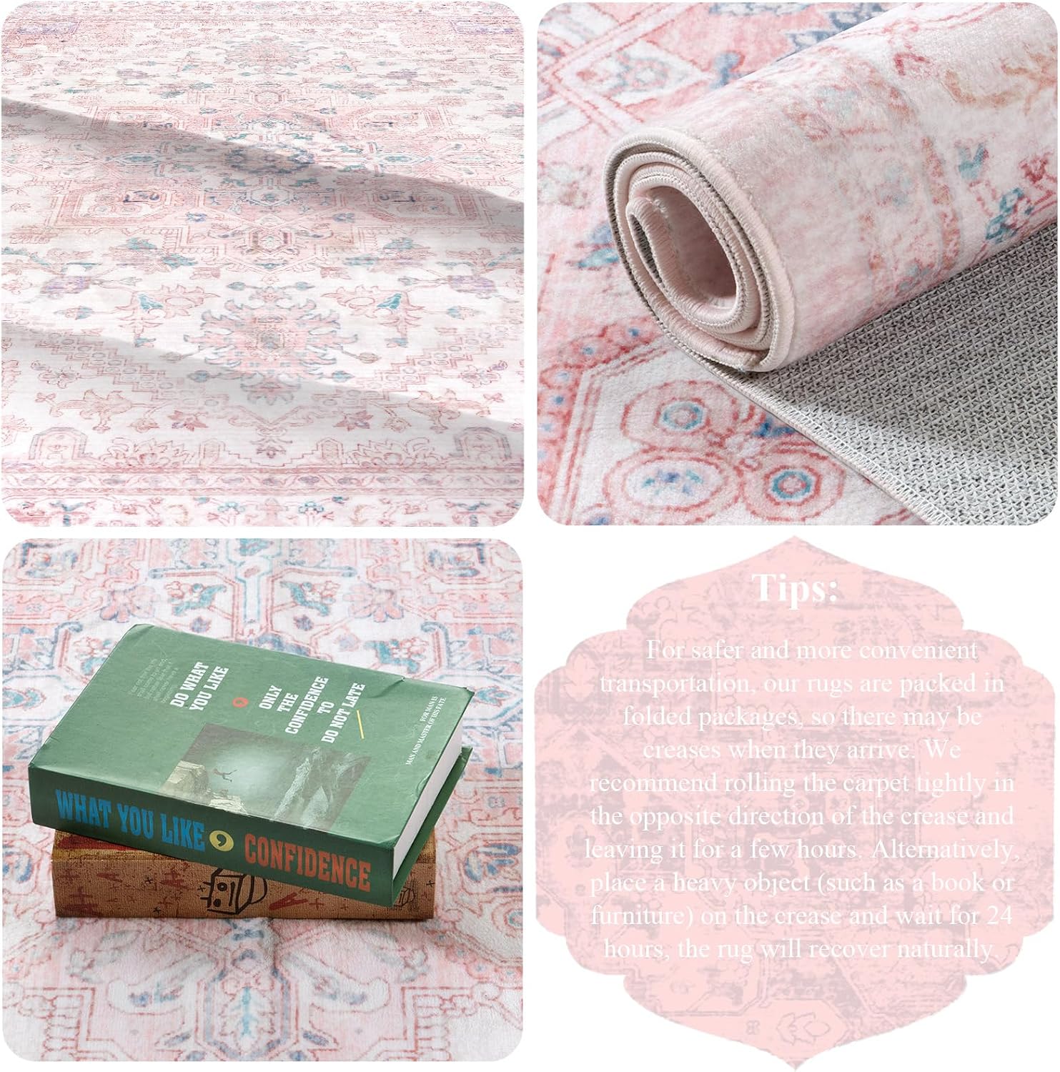 LIVEBOX Pink Washable Area Rug 8x10 - Large Vintage Tribal Living Room Rug Oriental for Bedroom, Non-Slip Retro Medallion Carpet Print Distressed for Dining Room Nursery Dorm Home Decor