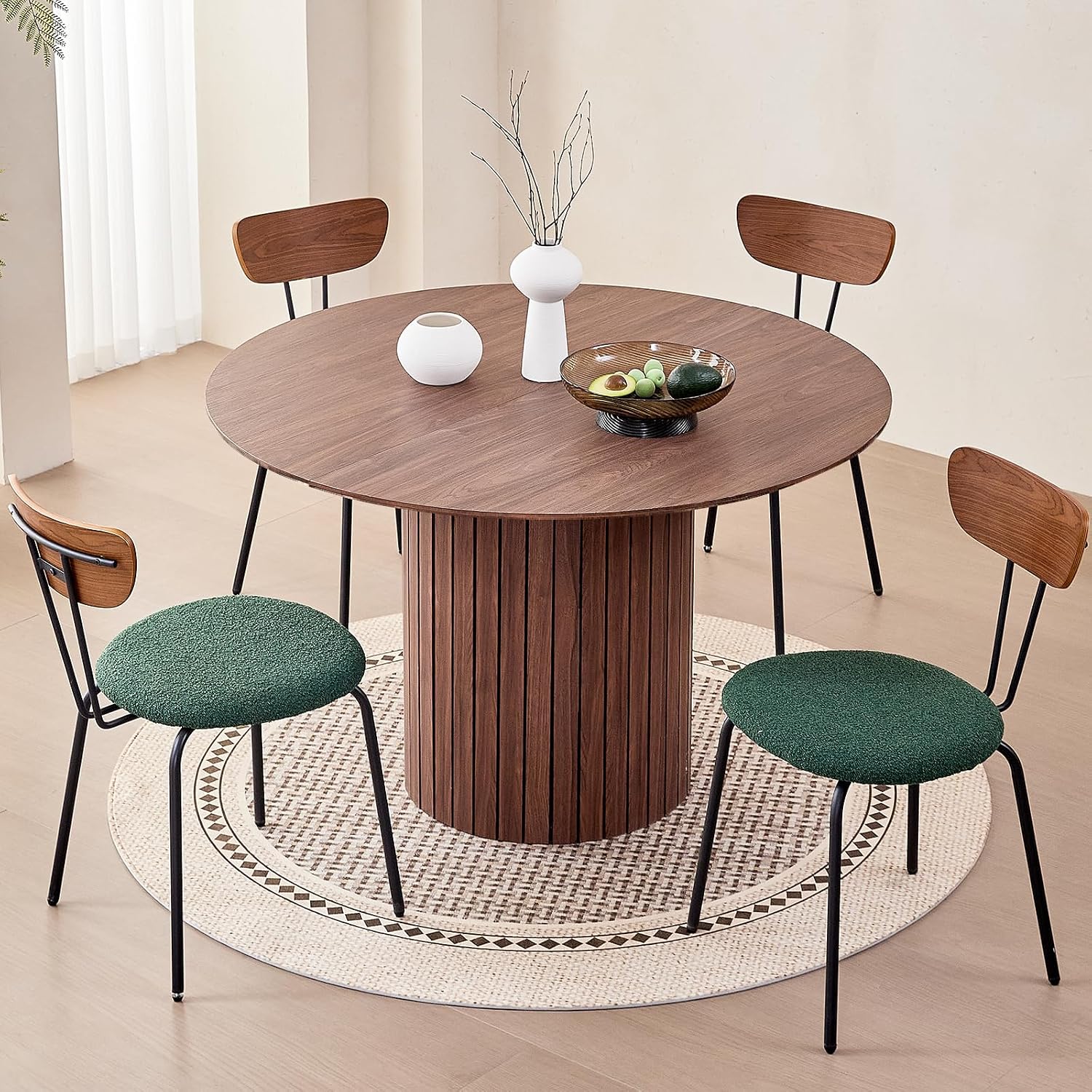 47' Round Dining Table for 4, Farmhouse Kitchen Table [Chamfered Edge Tabletop] Circle Pedestal Dinner Table, φ47.2'x29.5'H, Brown