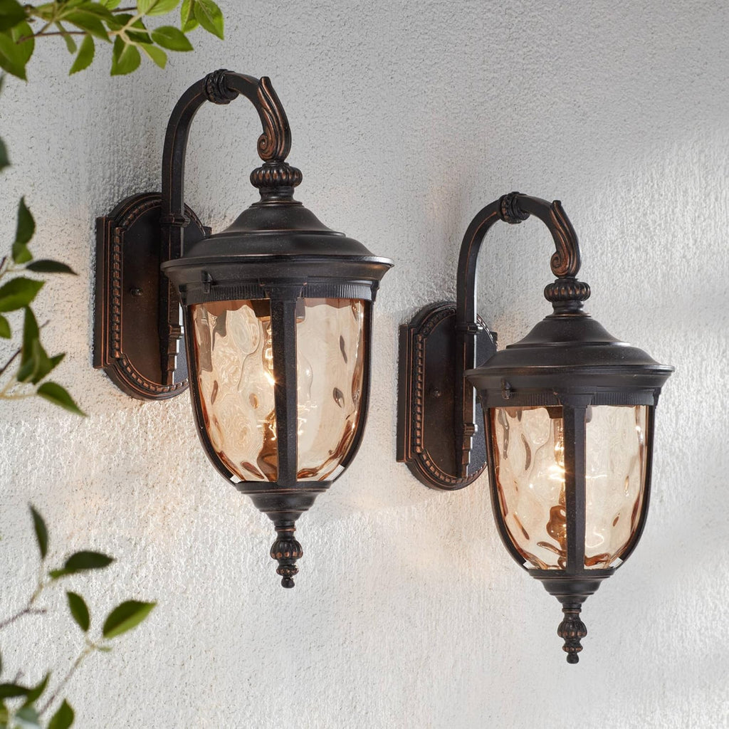John Timberland Bellagio Rustic Downbridge Outdoor Wall Light Fixtures Set of 2 Veranda Bronze 16 1/2' Champagne Hammered Glass for Post Exterior Barn Deck House Porch Yard Patio Outside Garage