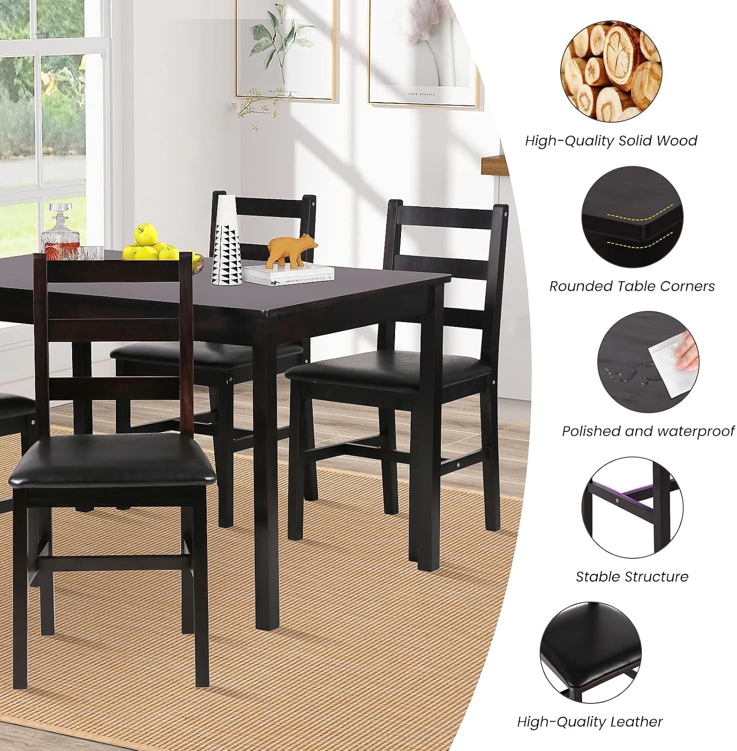 Small Dining Table Set for 4, Wooden Kitchen & Dining Room Sets 5 Piece Kitchen Table Set, Square Table and Chair Breakfast Table Set for Restaurant Home Kitchen Living Room, Dark Brown