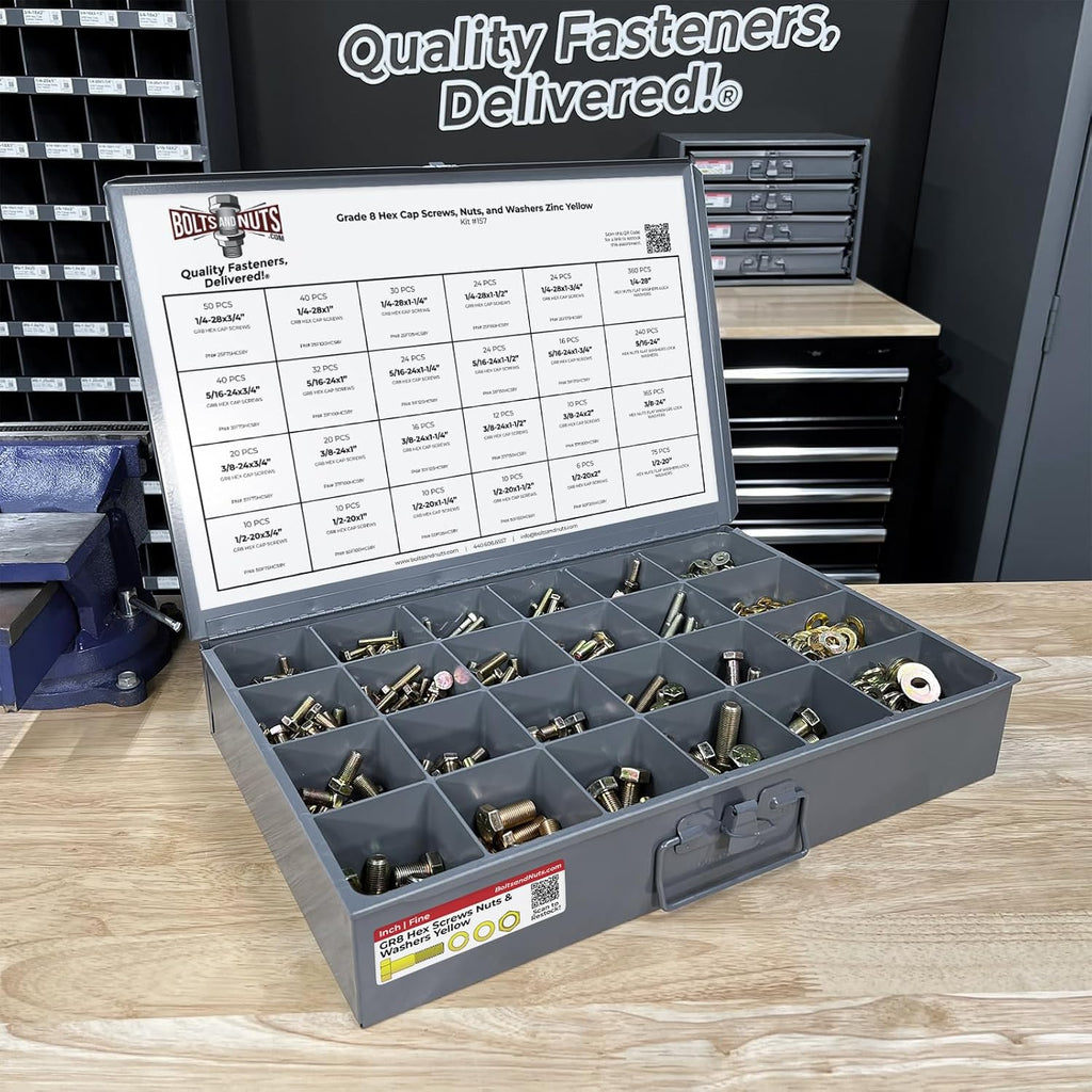 Grade 8 Hex Cap Screws Nuts Washers Fine Thread Zinc Yellow Assortment - 1269 Pieces