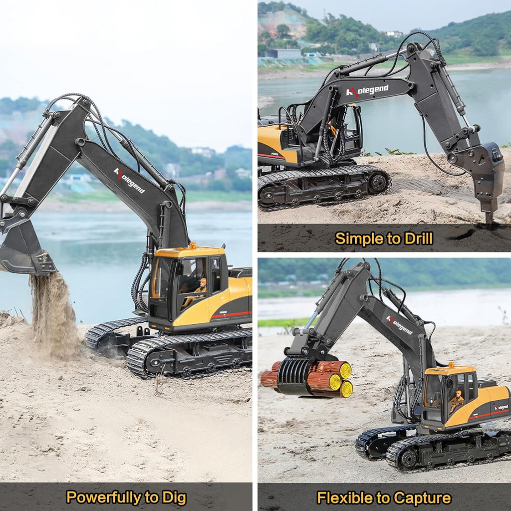 kolegend 3 in 1 Remote Control Excavator Toy 1/14 Scale RC Excavator, 15 Channel Upgrade Full Functional Construction Vehicles with Tools Metal Breaker and Electric Gripper(Yellow/Black)