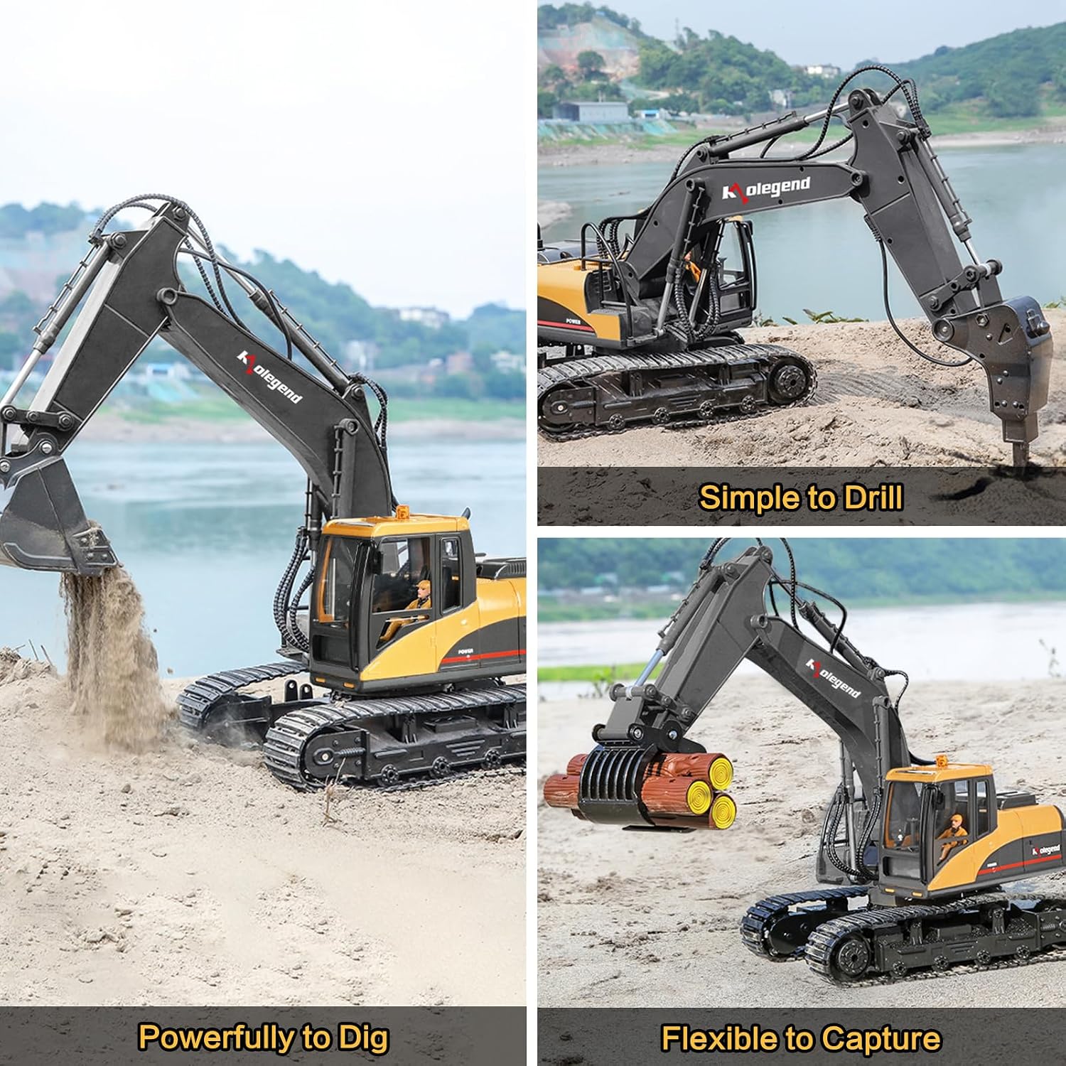kolegend 3 in 1 Remote Control Excavator Toy 1/14 Scale RC Excavator, 15 Channel Upgrade Full Functional Construction Vehicles with Tools Metal Breaker and Electric Gripper(Yellow/Black)