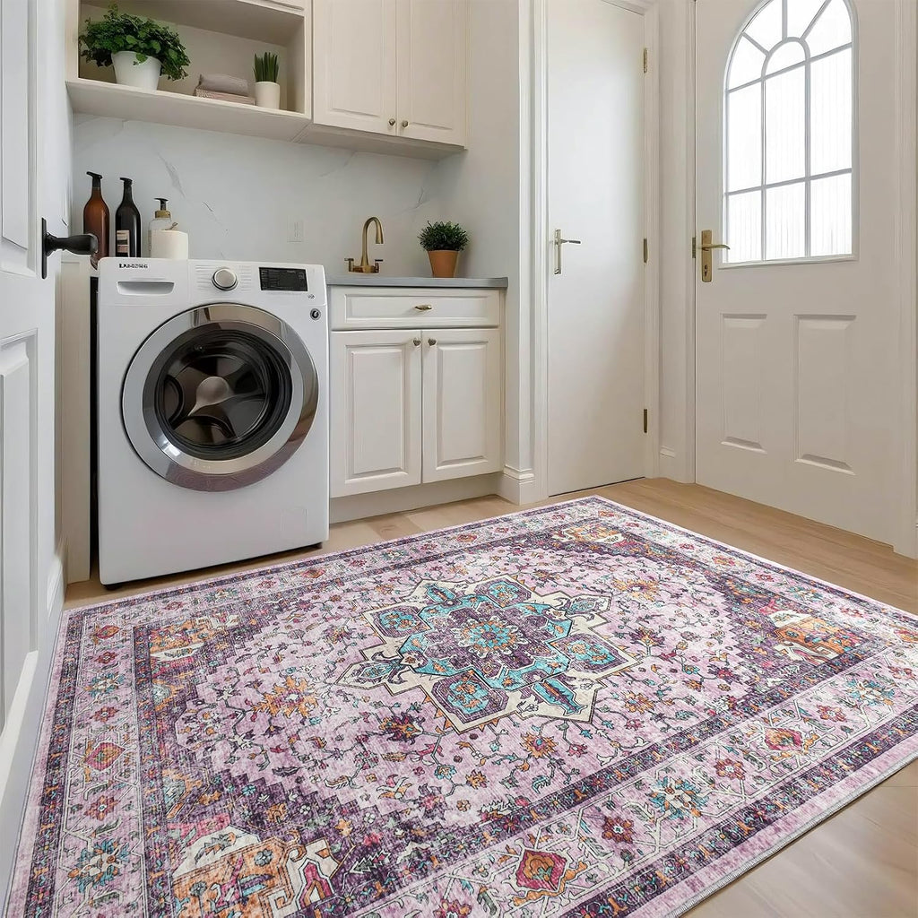 Softlife Washable Area Rug for Living Room, 8x10 Purple Large Boho Accent Rugs for Bedroom Bathroom Kitchen Under Dinning Table, Neutral Non-Slip Carpet for Nursery Kids Laundry Dorm Home Decor