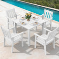 YEFU HIPS Patio Table Set: 5 Piece Outdoor Square Table and Chairs with Metal Aluminum Frame - White Modern Plastic Patio Dining Furniture Set 4 Person for Outside Deck