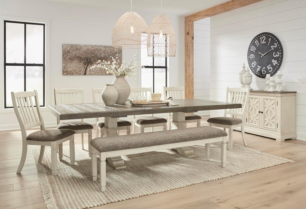 Signature Design by Ashley Bolanburg Farmhouse Extension Dining Table with Removable Center Leaf and Trestle Base, Dark Brown & White
