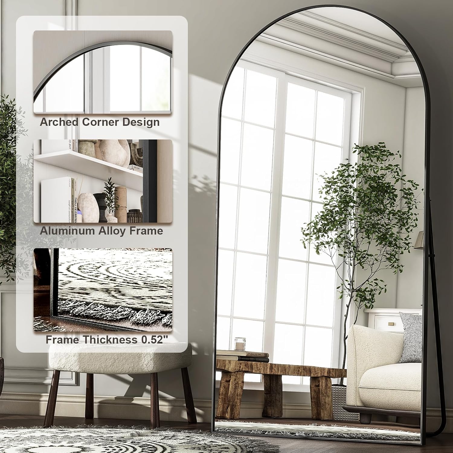 HARRITPURE 76'x46'Full Length Mirror - Arch Floor Mirrors with Aluminum Alloy Frame Free-Standing Wall Mounted or Leaning Large Bedroom Dressing Mirror,Black