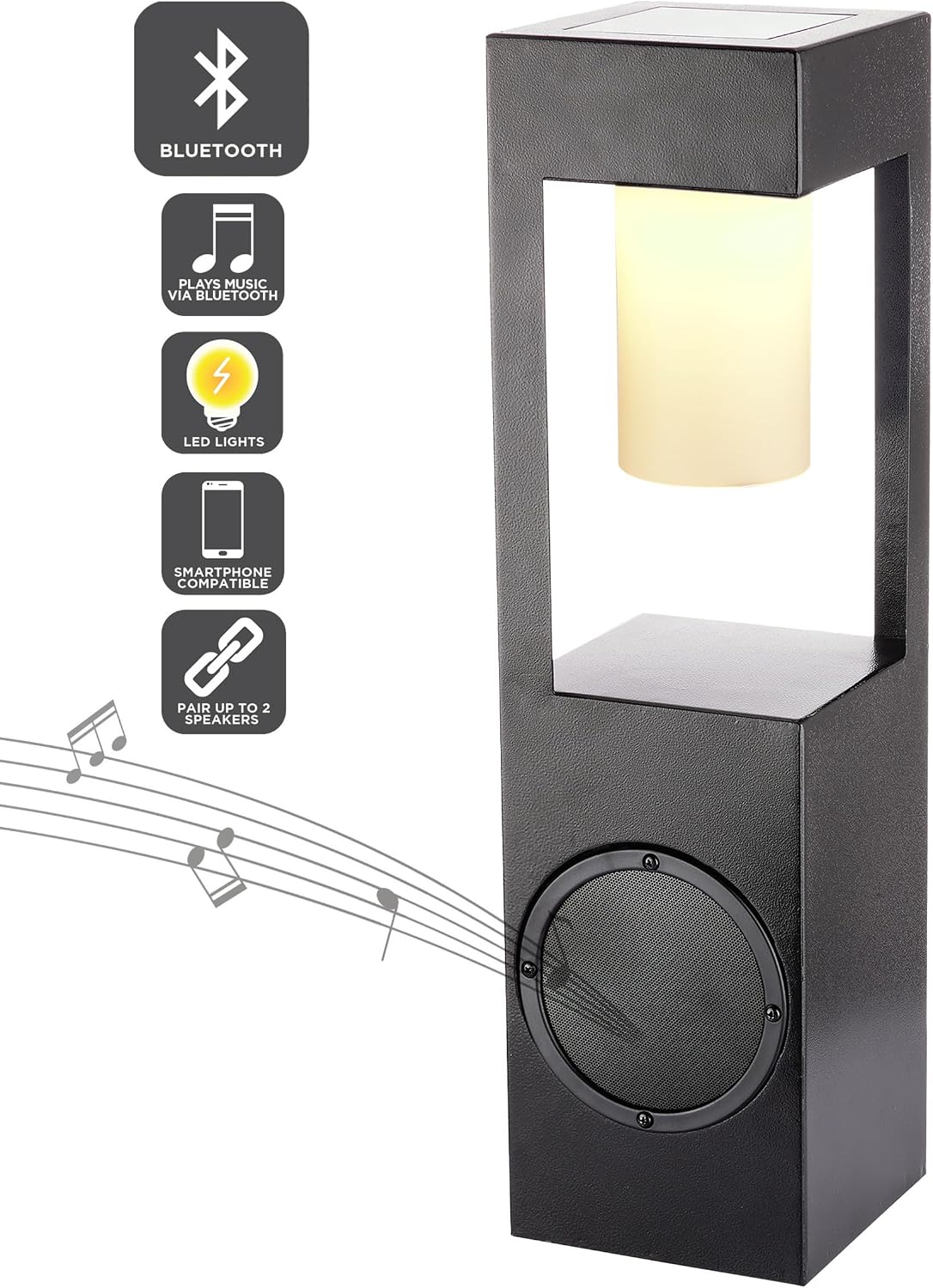 Alpine Corporation Outdoor Solar Metal Bluetooth 5.0 Speaker Plays 50 Foot Sound Range with Ground Stake and LED Lights, 24' H, Black