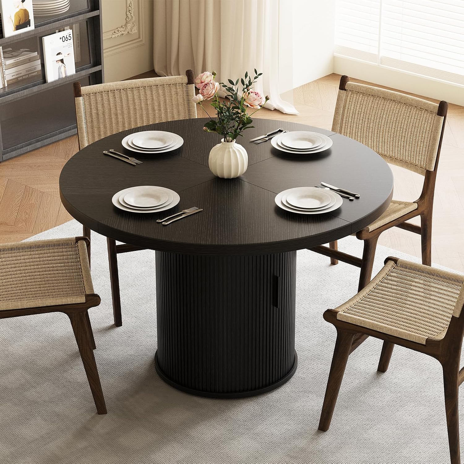 47 inch Round Dining Table for 4, Farmhouse Kitchen Table with 2-Layer Storage Shelf and Wood Slide Door Modern Dinner Table or Home Dining Room Living Room (Black)